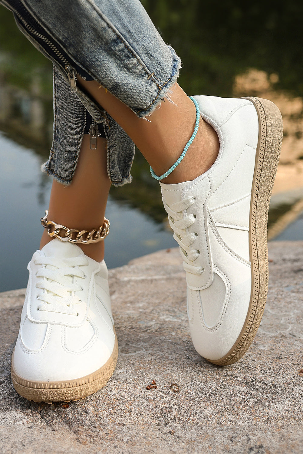 White Faux Leather Lace Up Flat Sneakers