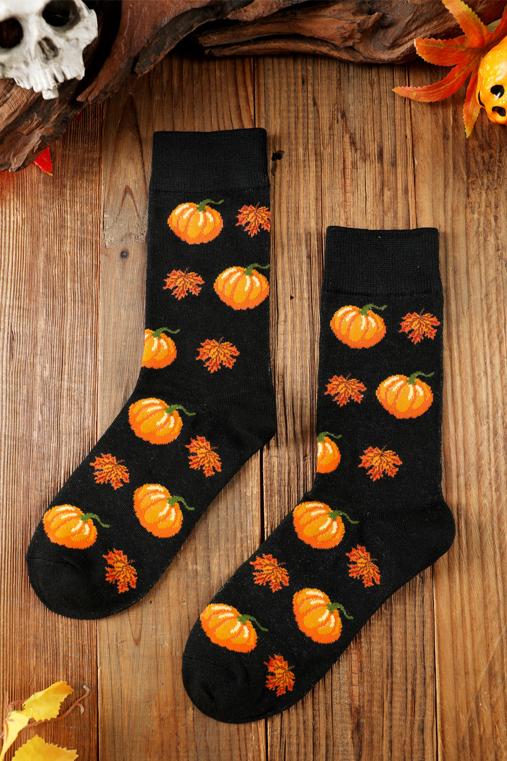 Black Pumpkin & Leaf Fall Pattern Cotton Crew Socks