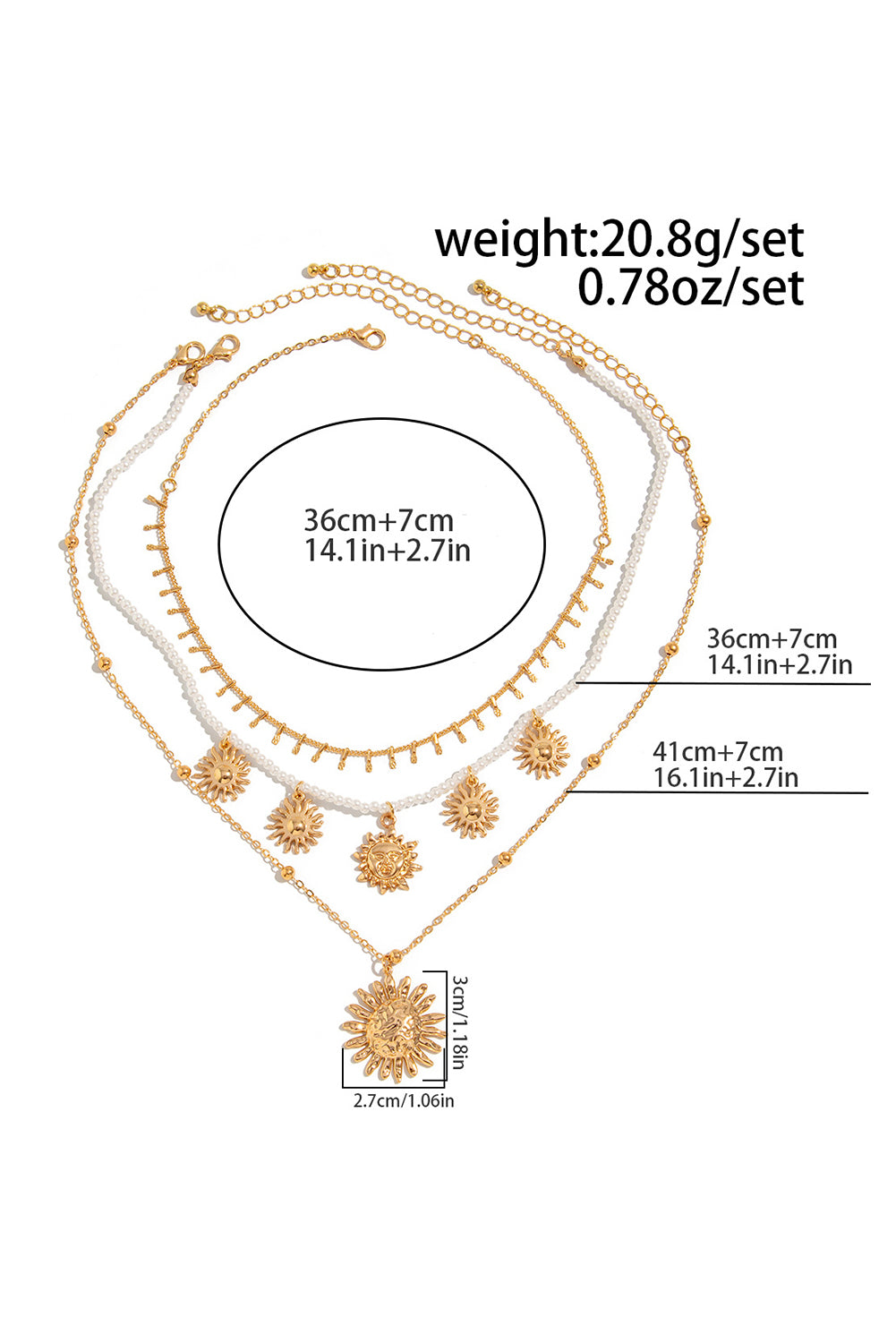 Gold Sun Pendant Pearl Chain Necklace Set