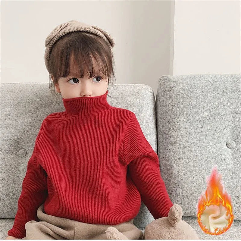 Children's Velvet Thickening Sweater Boys' Unisex Thermal Turtleneck Knitted Top Autumn and Winter Essential Bottoming Shirt