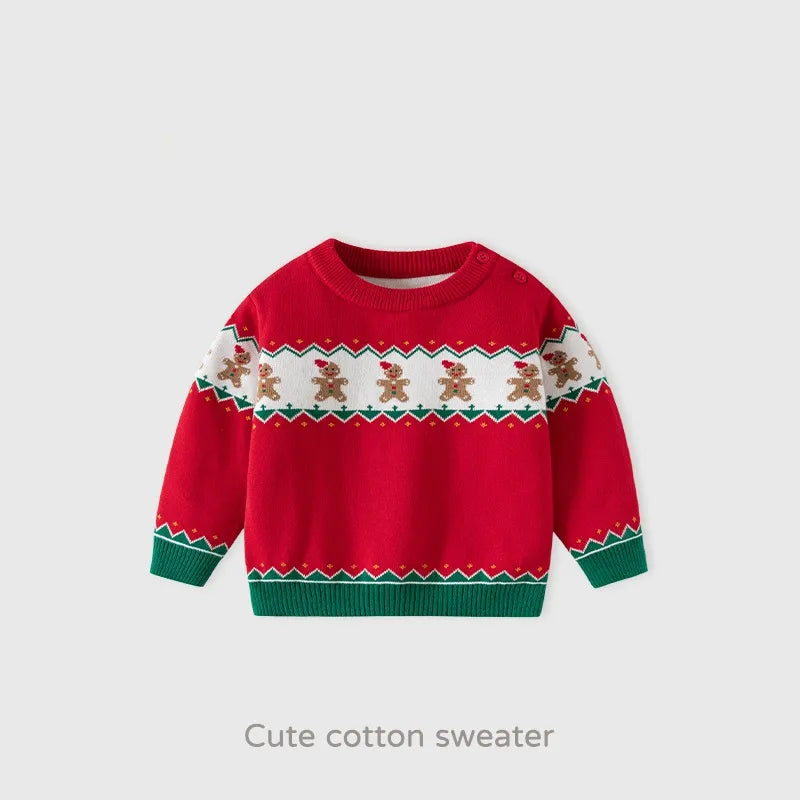 Red Christmas Knitted Baby Sweater Thick Pure Cotton Autumn Winter Children New Year Sweater Cartoon Stripe Solid Color Long Sleeve