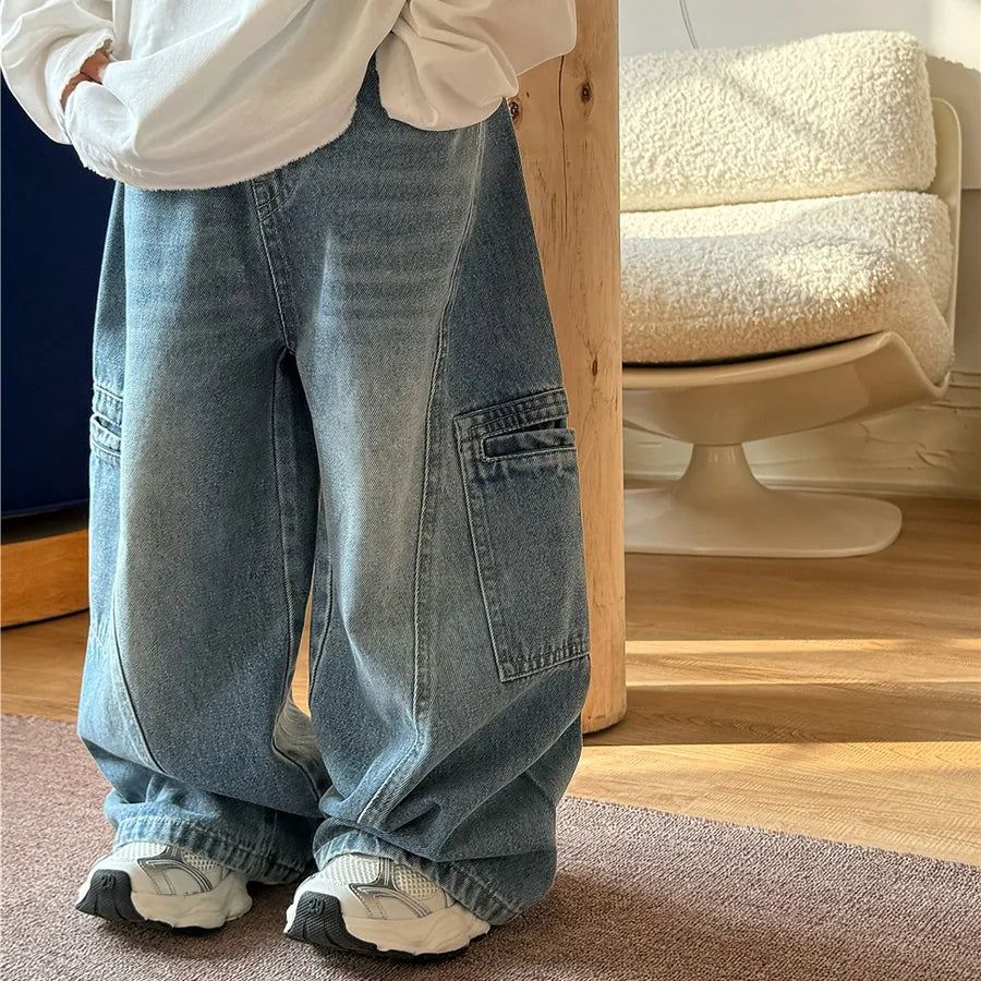 Trendy New Style Kids Jeans Pants Autumn  Unisex Fashionable Long Workwear Trousers Soft Cotton Denim Print For Boys And Girls