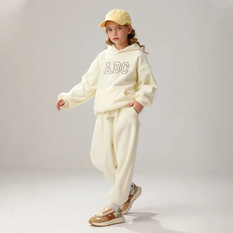 Fleece Lined Hoodie And Pants Set For Boys And Girls ABC Kids Sportswear Autumn Winter Soft Polyester Long Sleeve Clothing Set