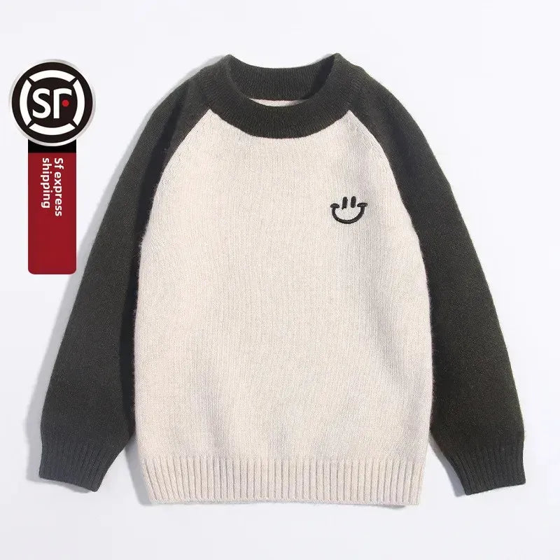 Lamb Jumping Children's Cashmere Sweater Winter New round Neck Baby Children Smiley Sweater Color Contrast Patchwork Thickened