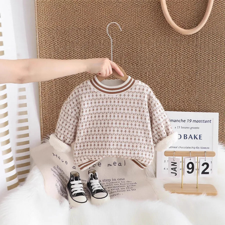 Fleece Lined Round Neck Sweater For Boys Baby Autumn Winter Clothes Stylish Kids Fashionable Winter Clothing Soft Cotton Plaid