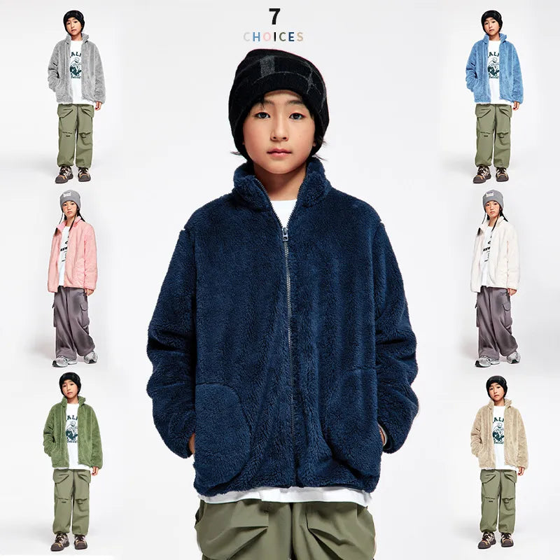 Warm Fleece Long Velvet Jacket Children's Casual Top Coat Unisex Winter Outerwear Soft Polyester Cotton Blend Zipper Closure