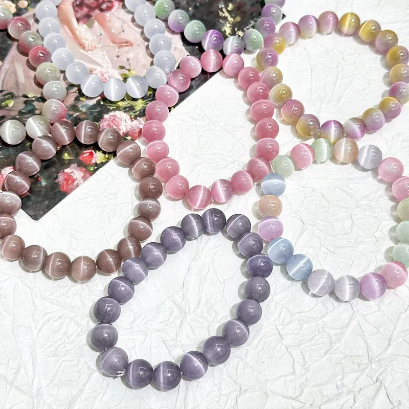 Colorful Cat's Eye Stone Natural Simple Ring Bracelet Sweet Design Beaded Hand Chain Unisex Fashion Jewelry Accessory