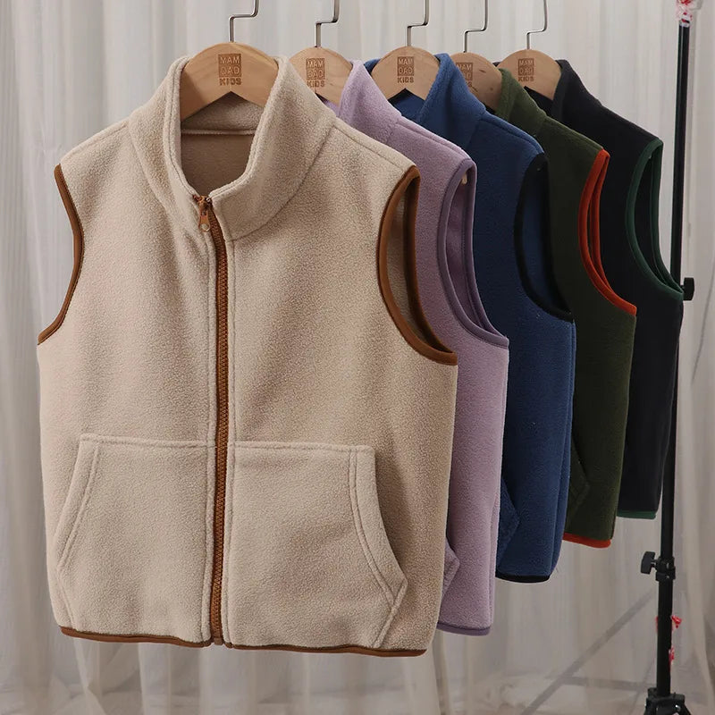Thickened Fleece Children's Vest Unisex Soft Polyester Knitted Zipper Shirt Casual Style Pure Color Autumn Winter Kids Vest