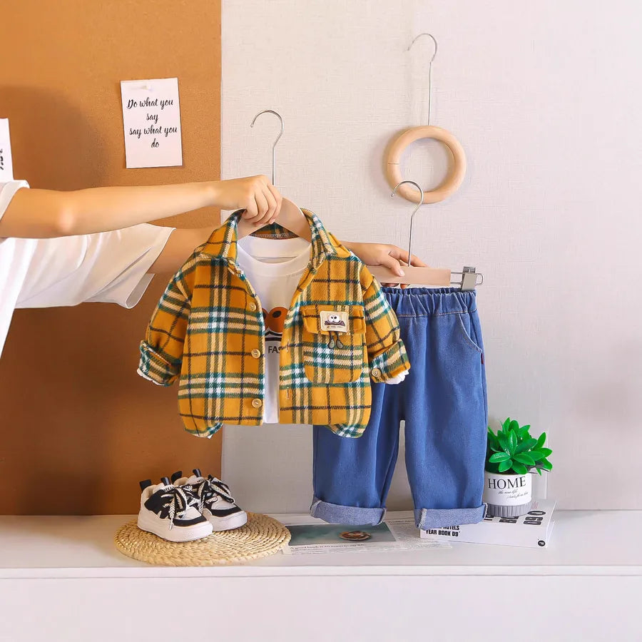 Thickened Plaid Shirt Set Casual Autumn Winter Three-piece Set For Boys Kids Soft Cotton Long Sleeve Neutral Style Clothing