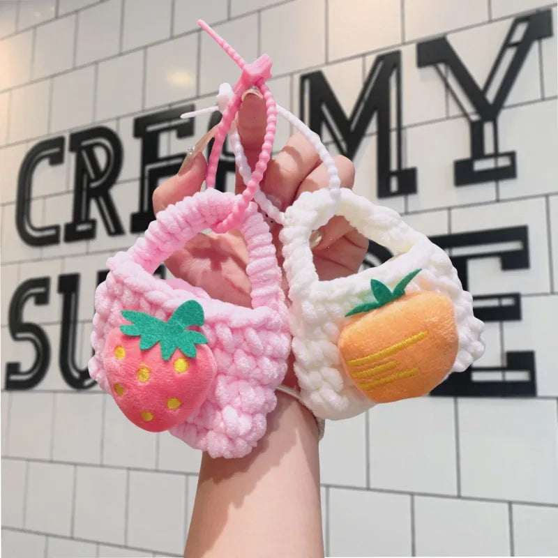Cute Cartoon Knitted Kids Fruit Keychain Bag Plush Material Christmas Valentine's Day Teacher's Day Gifts Universal Earphone Bag