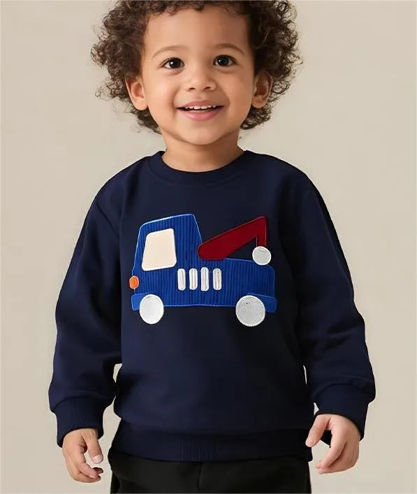Fashionable Long Sleeve Children's Sweatshirt Car Print Boys' Crew Neck Soft Cotton Knitted Autumn Wear For Small Kids