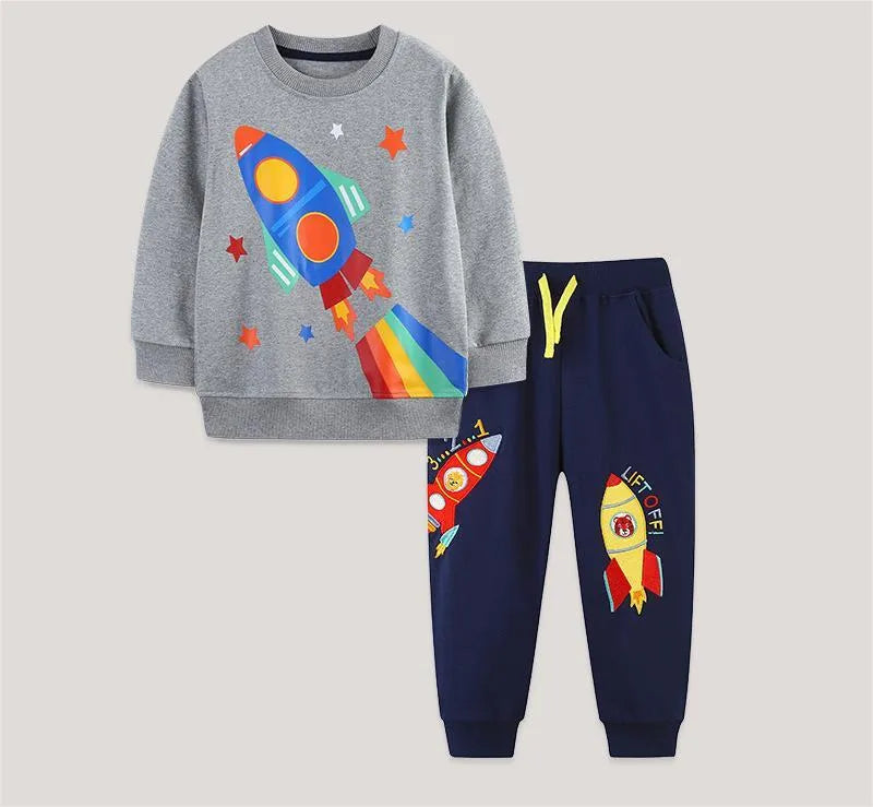 Factory Direct Sale Boys Long Sleeve Set Fashion Rocket Print Round Neck Pullover Fashion Embroidered Children's Sweatpants