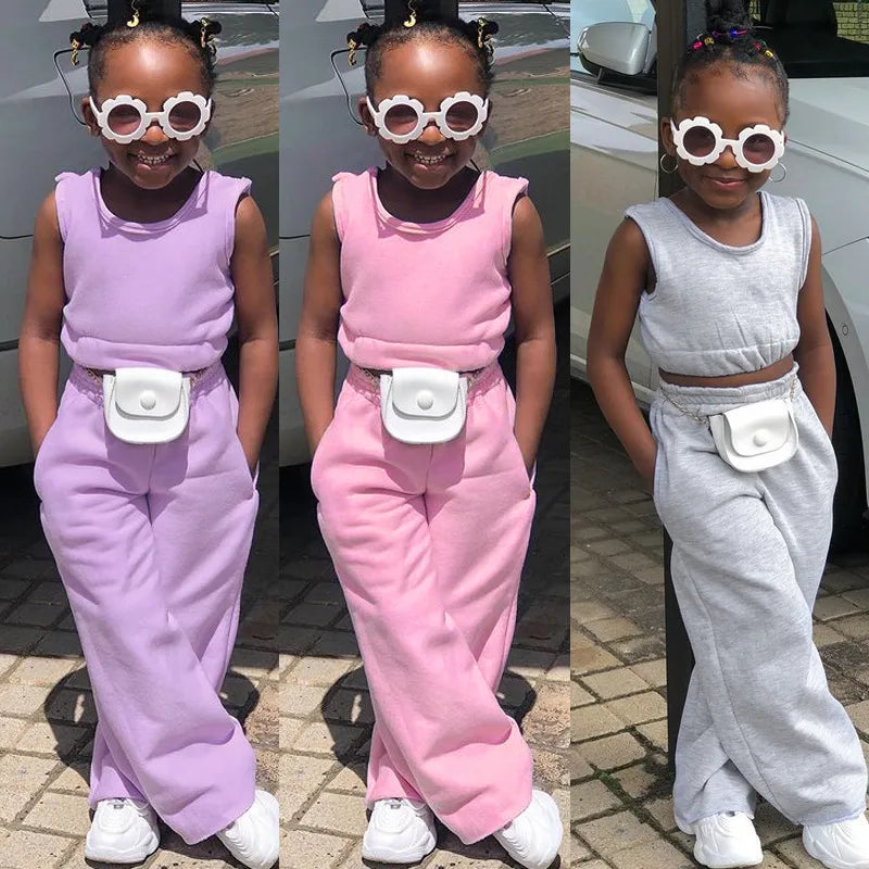 casual solid color backless polyester girls clothing sets