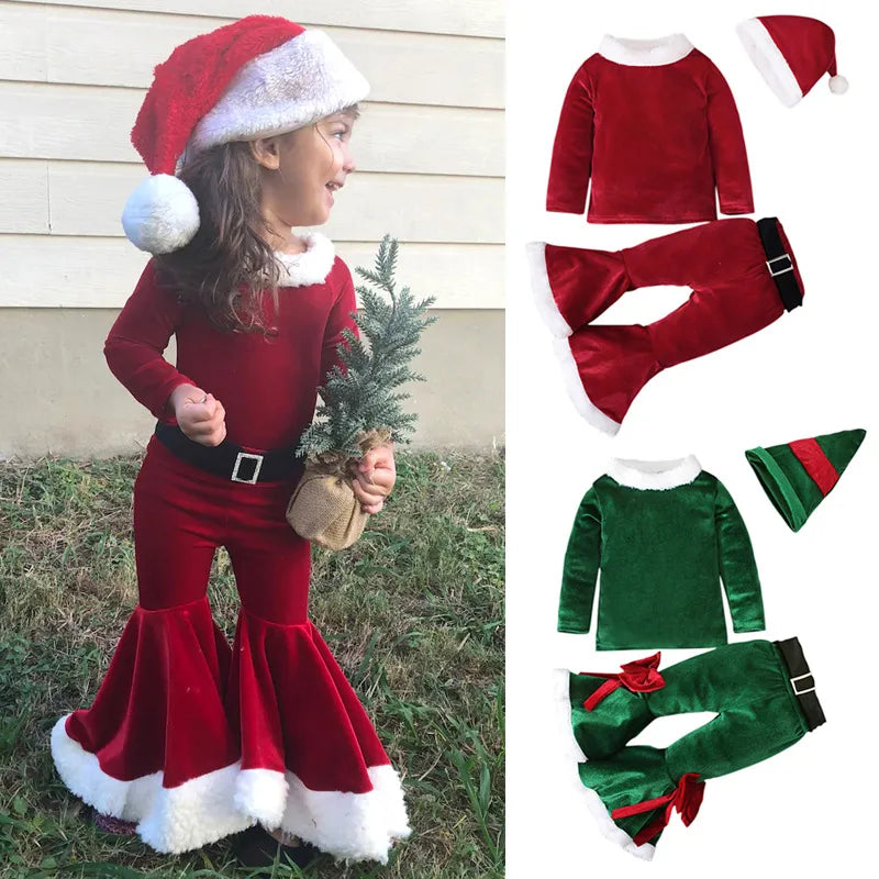 christmas fashion solid color polyester girls clothing sets