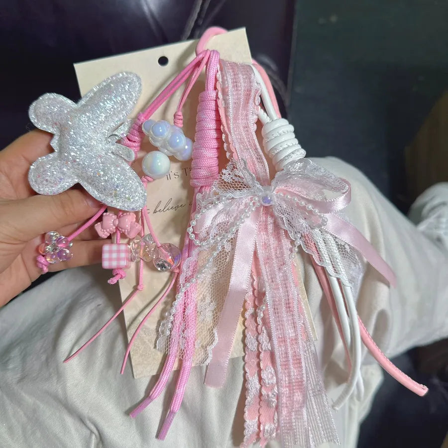 Pink Butterfly Knot Beaded Heart Shaped Bag Charm Miu Style Mobile Phone Lanyard Accessory Country Style Electric Plating