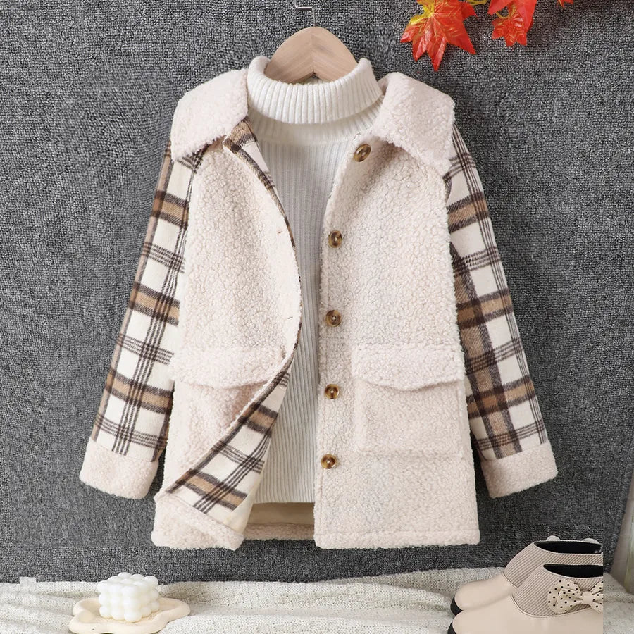 Girls Plaid Fluffy Patchwork Coat Autumn Winter Middle Length Jacket For Children Aged 7-16 Casual Style Polyester Fabric