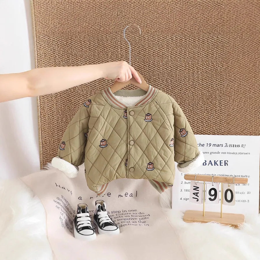 Thickened Fleece Autumn Winter Jacket For Boys Baby Casual Fashionable All-Match Coat Soft Cotton Long Sleeve Round Neck Short Style