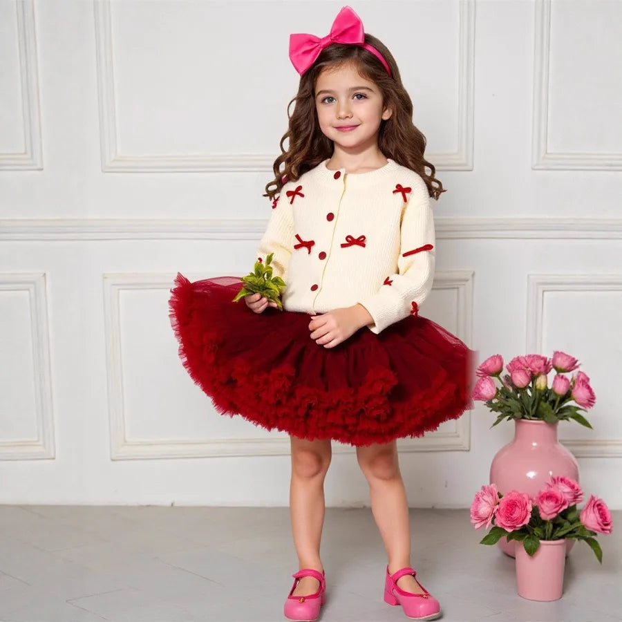 Christmas Theme Long Sleeve Round Neck Knitted Cardigan And TUTU Skirt Set For Girls Autumn Winter New Arrival Versatile Outfit