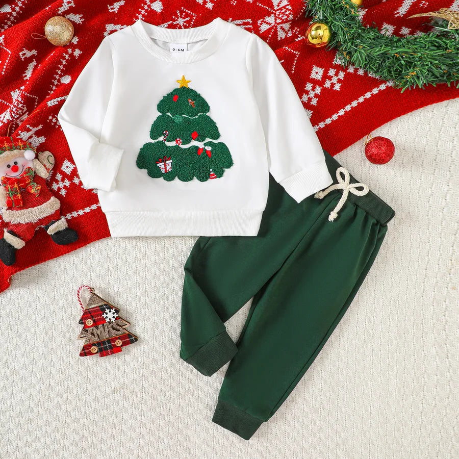 Christmas Themed Long Sleeve Children's Outfit Set Soft Cotton Blend Infant Toddler Sweatshirt And Pants Two Piece Set For Autumn