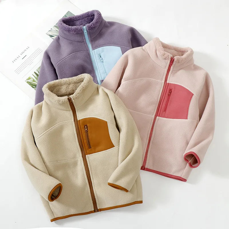 Thickened Fleece Children's Autumn Winter Jacket Stand Collar Warm Windproof Comfortable Cotton Velvet Unisex Kids Coat