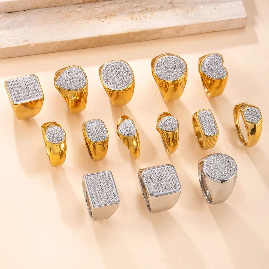 Geometric Pattern Stainless Steel Titanium Plated Ring Cast Clay Diamond Embedded Luxury Feel Couples Unisex Ring Jewelry