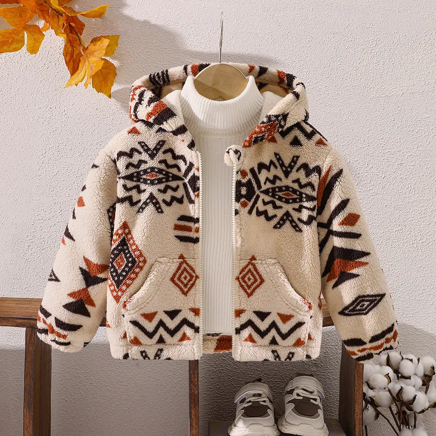 New Autumn Winter Plush Print Hooded Zipper Jacket For Boys Children's Clothing EW WT717 Casual Style Polyester Fabric Coat