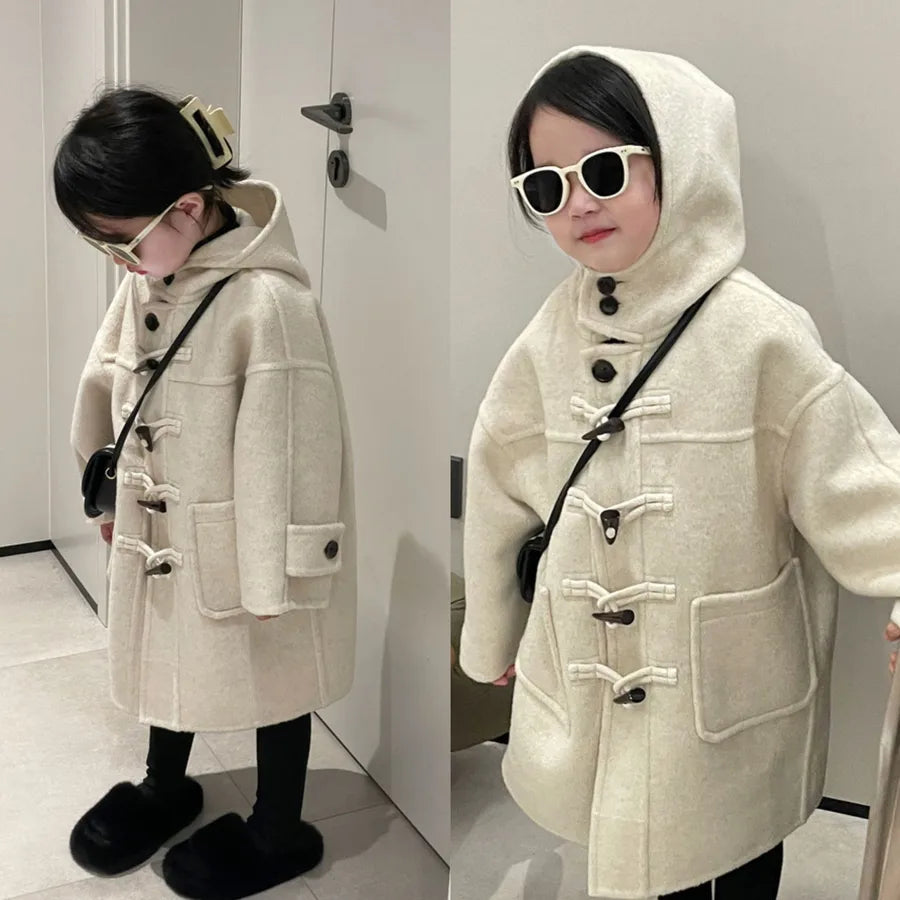 Unisex Hooded Woolen Coat Spring Autumn New New Style Fashionable Button Down Long Sleeve Pure Color Round Neck Jacket For Kids
