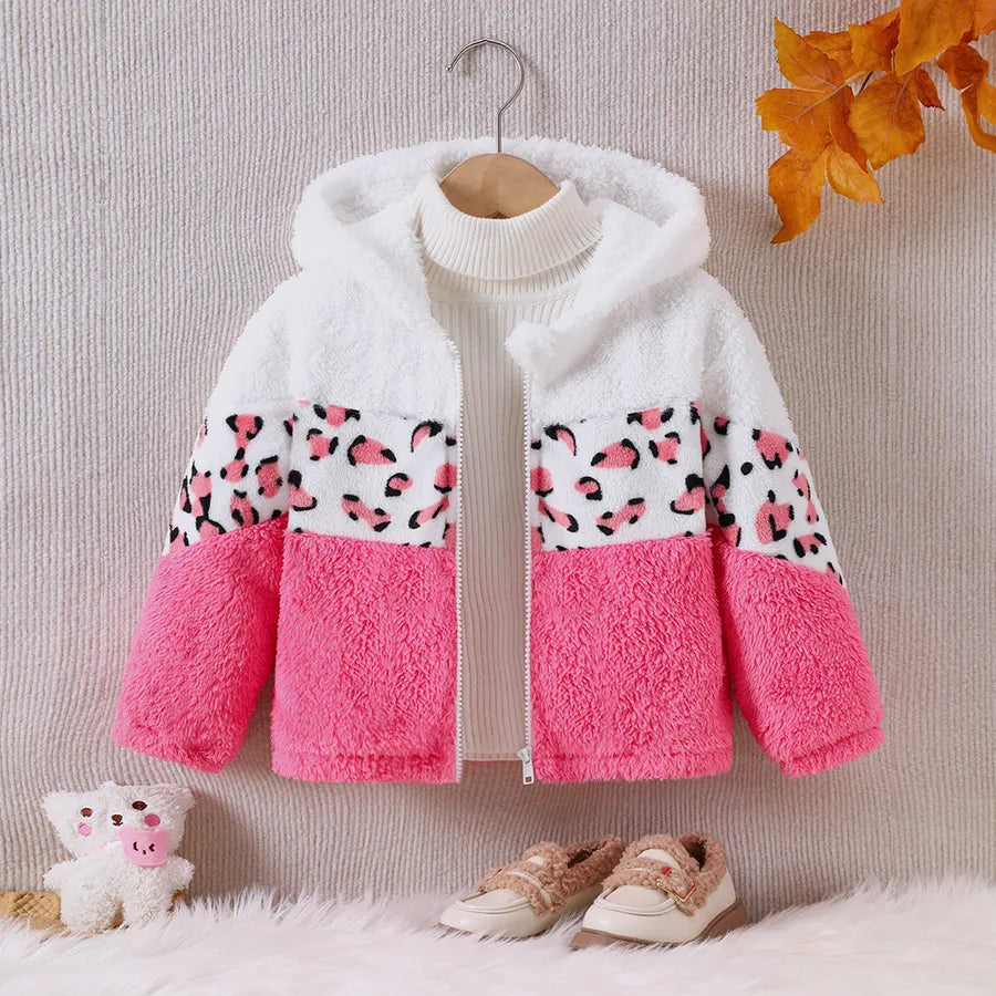 Girls' Autumn Winter Plush Jacket With Hood Leopard Print Patchwork EW Children's Clothing Casual Style Polyester Fabric