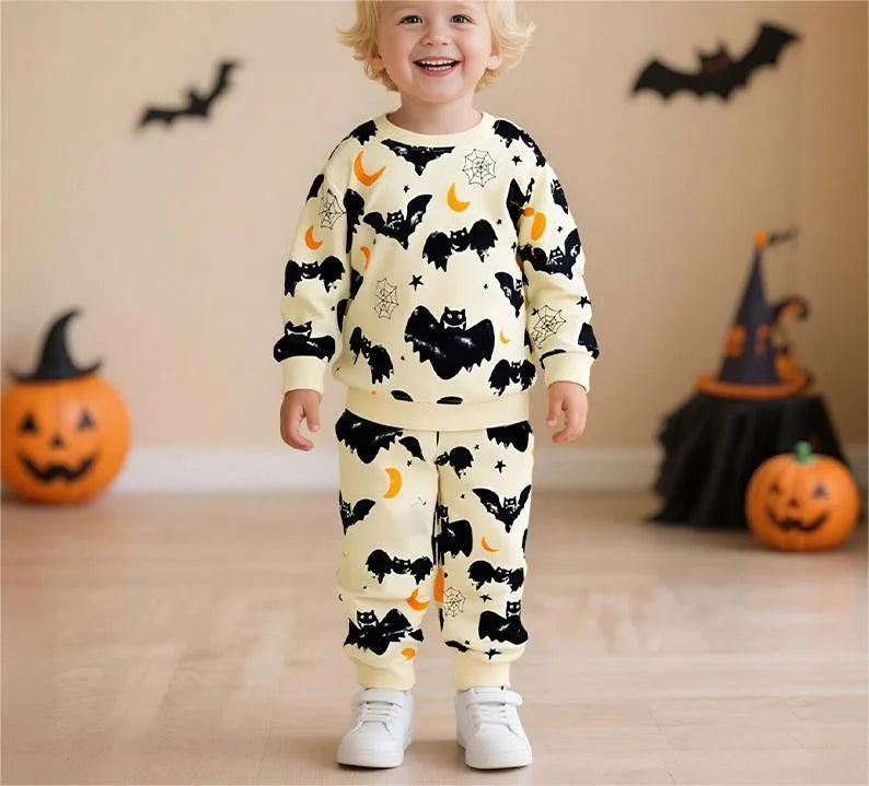 Halloween Children's Set Autumn New Men's Long Pants Fashion Bat Print Round Neck Children's Sports Shirt Soft Treatment Cotton Knitted