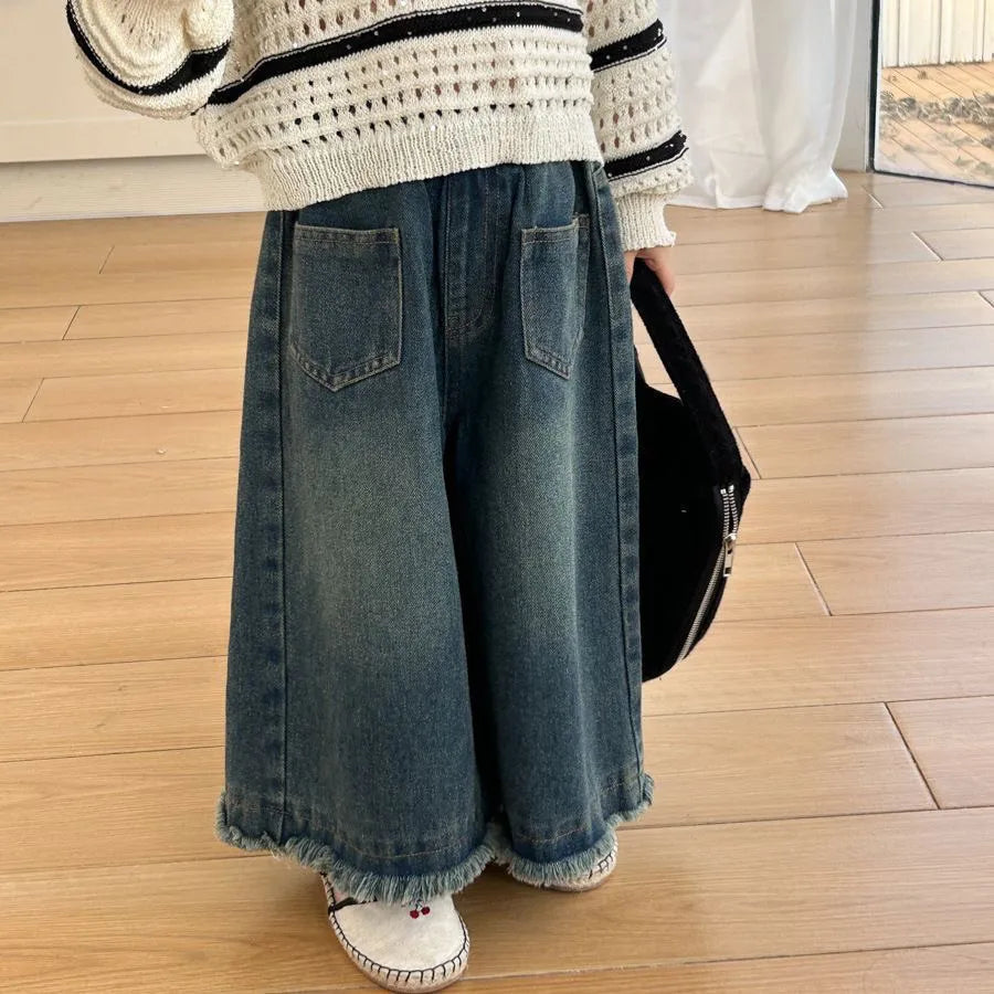 Girls Straight Leg Jeans Spring Autumn Fashionable Baby Outerwear Cotton Soft Washed Long Pants New Style Kids Clothing