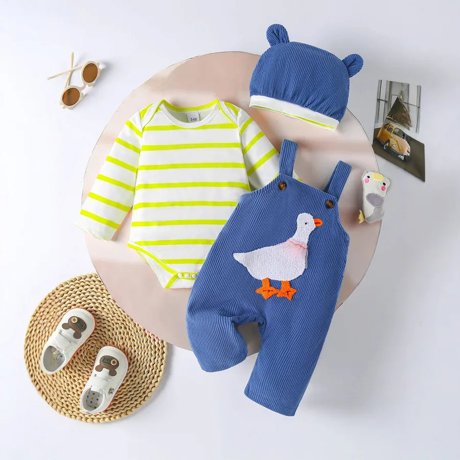 Cute Cartoon Duck 3-Piece Set For Baby Boys Long Sleeve Striped Top Corduroy Overalls Hat Outfit Soft Polyester Winter Spring Autumn Wear