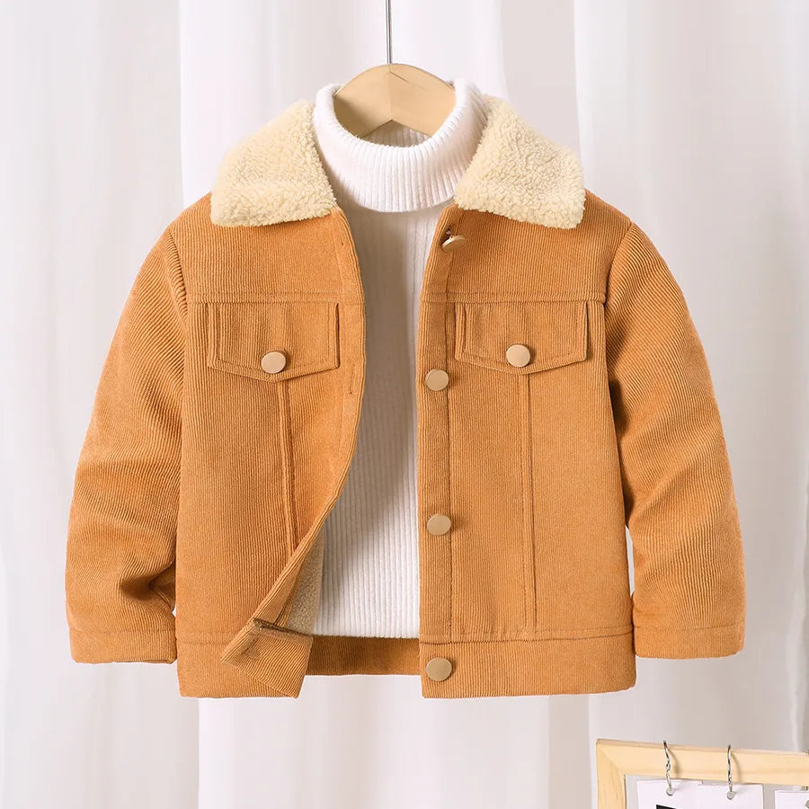 Girls' Autumn Winter Corduroy Fleece Lined Single Button Jacket New Arrival Children's Clothing Casual Style Outerwear