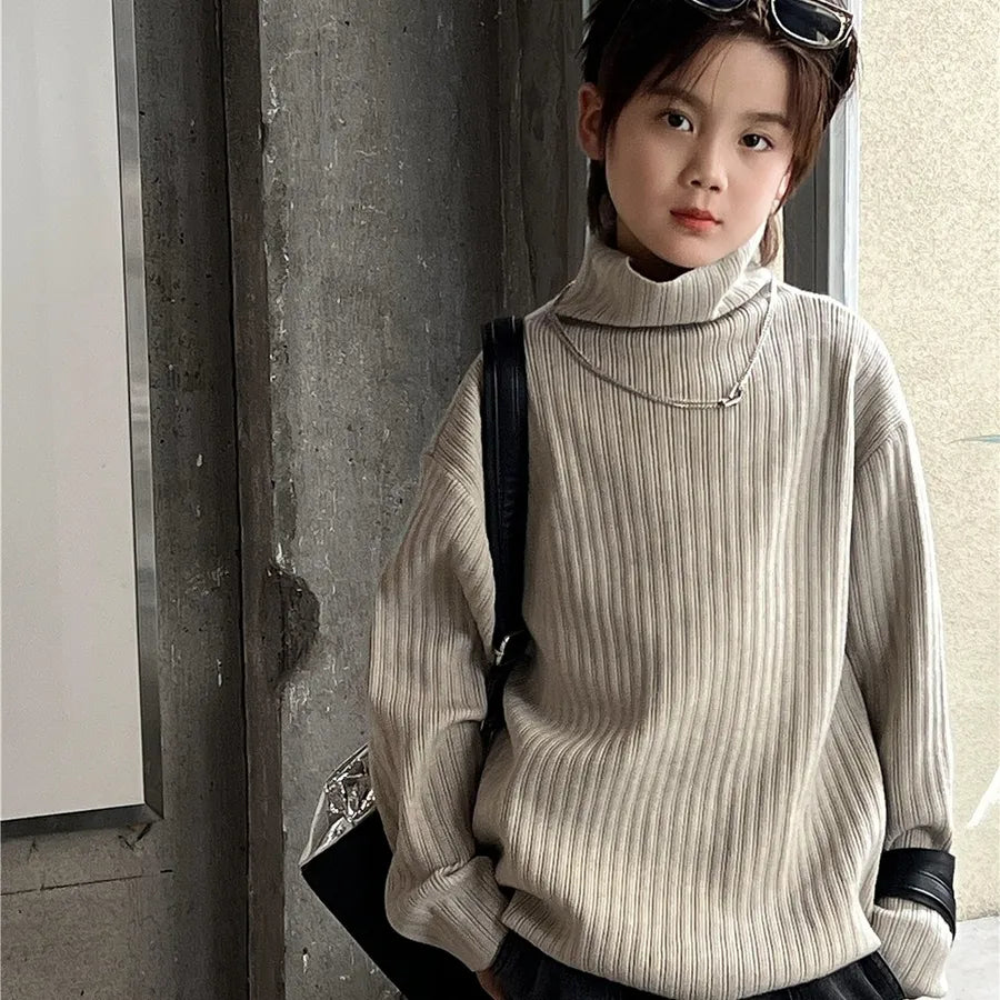 Soft Cozy Children's Sweater Autumn Winter Stripe Pure Color Boys Girls Fashionable Base Layer Long Sleeve Round Neck Knitwear