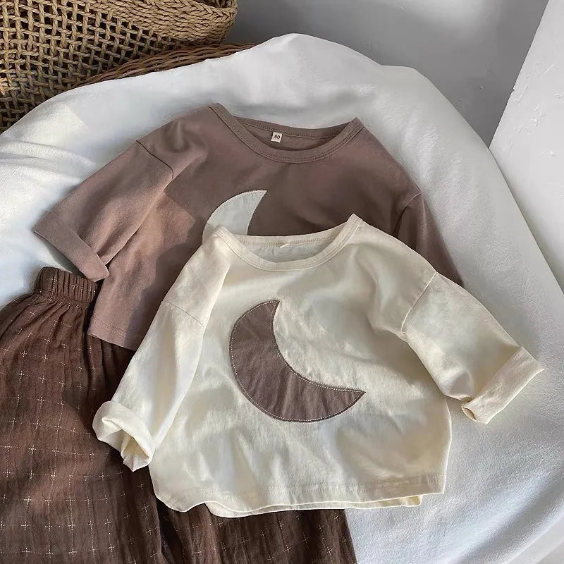 Spring Autumn Children's Long Sleeve Round Neck T-Shirt Casual Embroidered Moon Base Shirt Soft Cotton Unisex Kids Fashion
