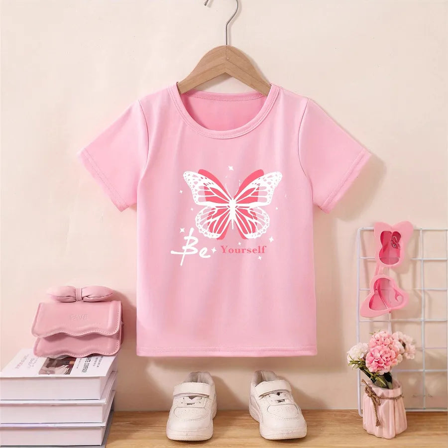 Cool Fashionable Cartoon Print Soft Comfortable Short Sleeve Children's T-shirt Polyester Fabric Round Neck Unisex Kids' Top