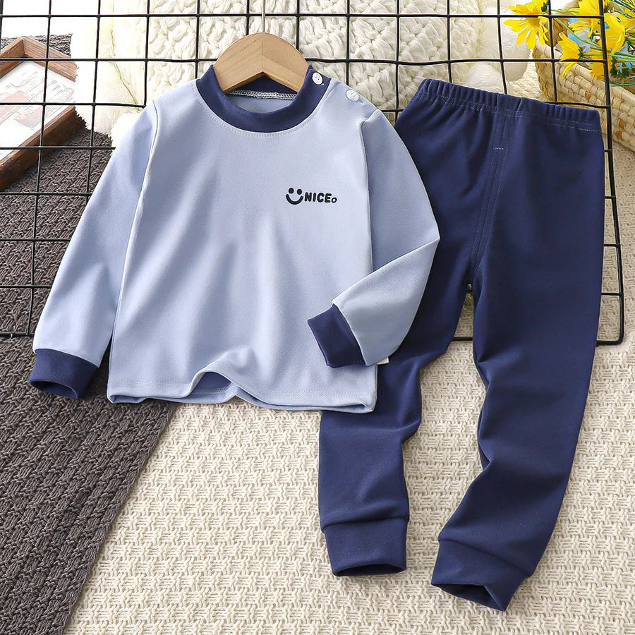 Thickened Round Neck Warm Underwear Set For Kids Autumn Winter Pure Color Derve Soft Polyester Moisture Wicking Children's Clothes