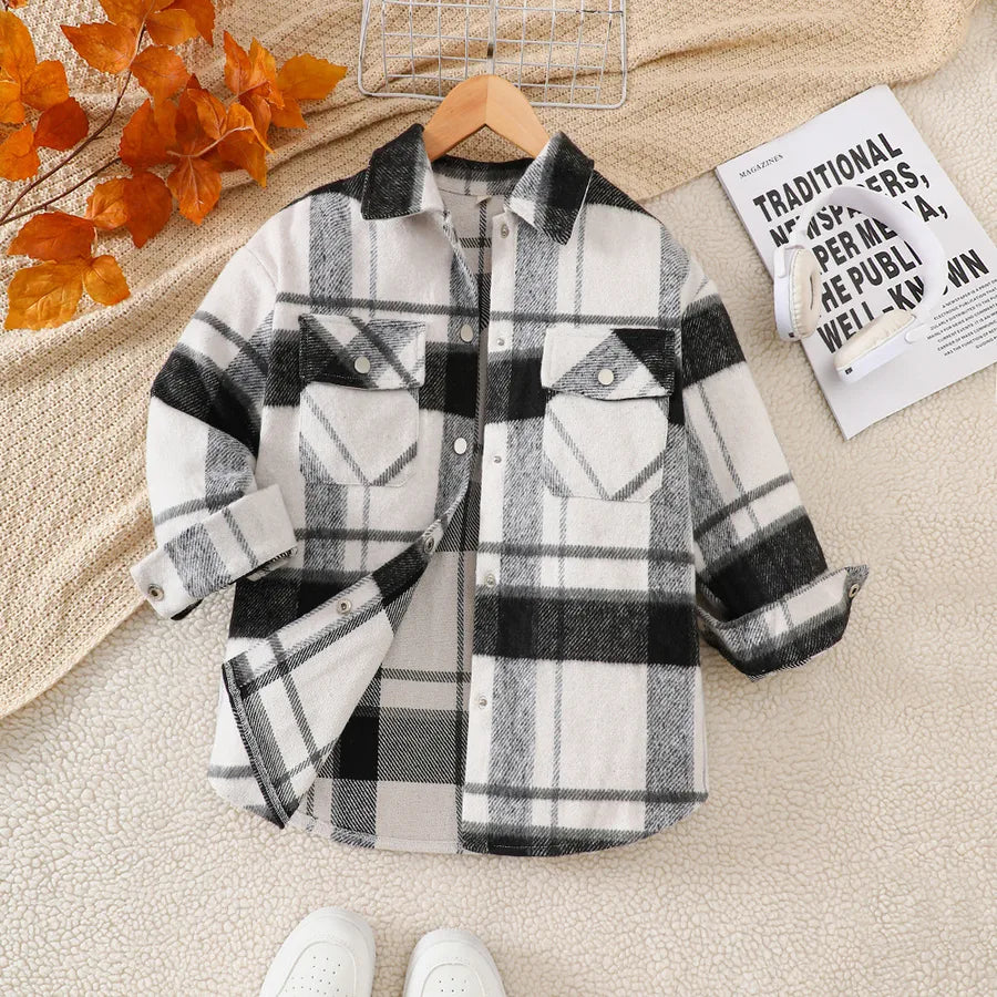 EW Kids Autumn Winter Plaid Long Sleeve Casual Jacket New Arrival Girls Outwear DWT1016 Fashionable Polyester Fabric Coat