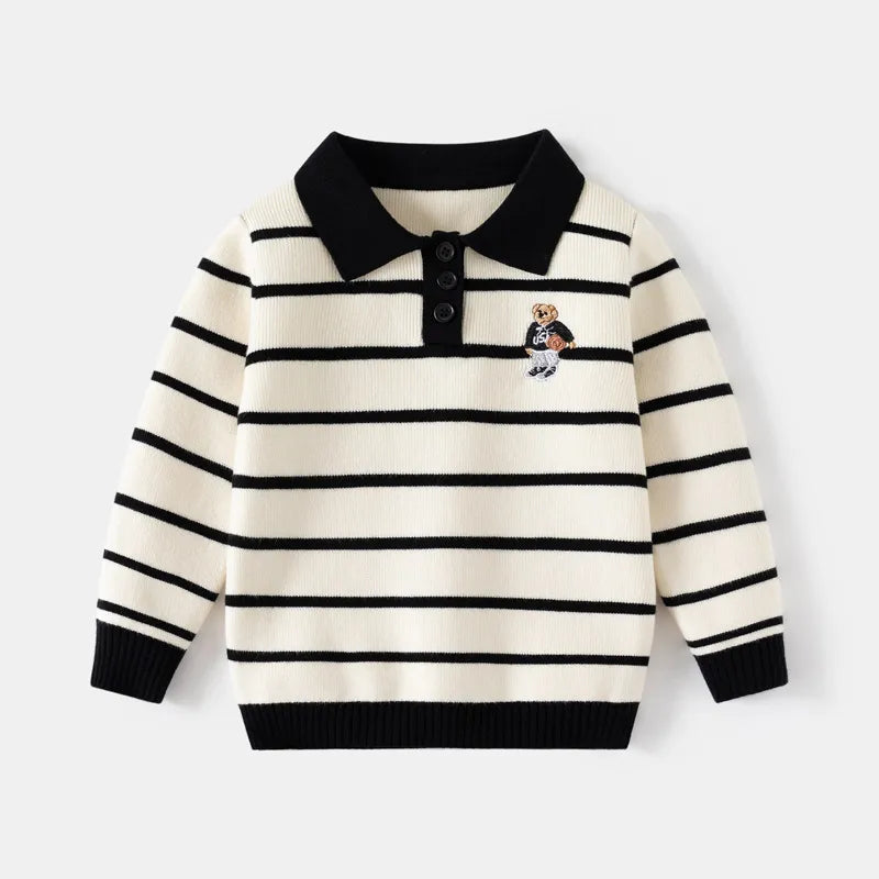 Spring New Boys' Lar Striped Sweater Pick Size Children's Wear Children's Single Layer Core-spun Yarn Cartoon Embroidered Top