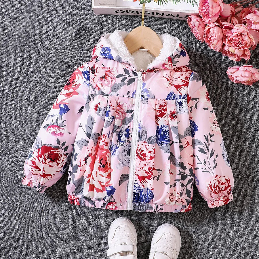 Thickened Fluffy Hooded Jacket For Girls Autumn Winter New Arrival Children's Clothing EW Brand Floral Pattern Casual Style