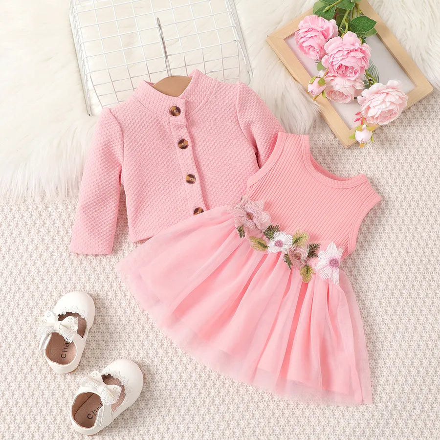 Casual Solid Color Flower Cotton Girls Clothing Sets