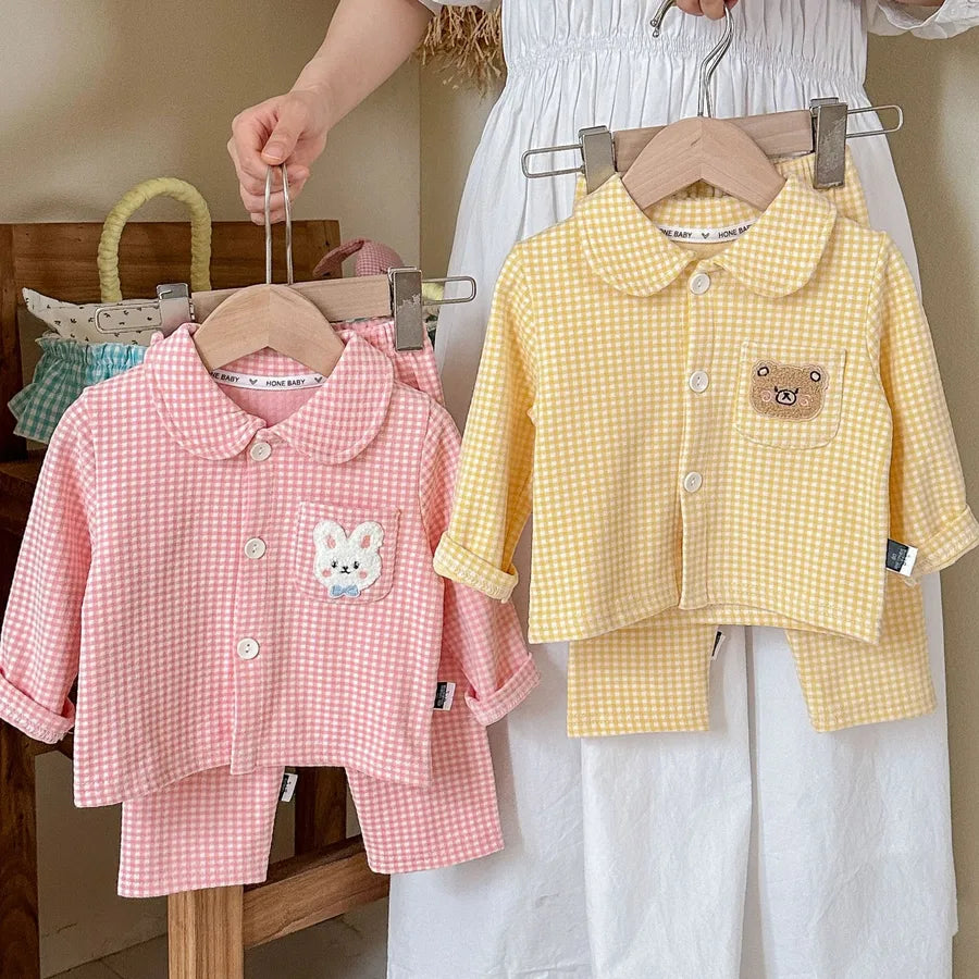 Children's Sleepwear Set Autumn Home Clothes Two-Piece Set Plush Flannel Polyester Fiber 90% Spandex 10% Plaid Pattern Unisex