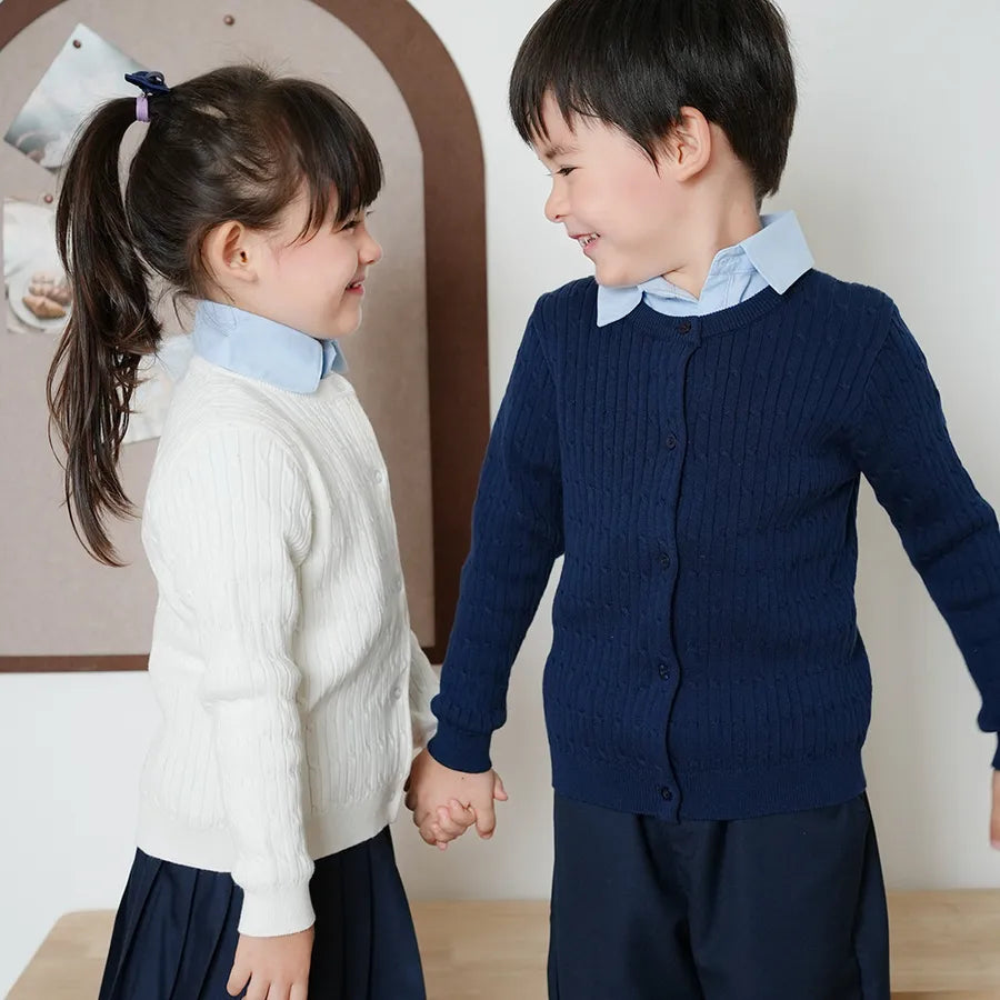 Girls Knitted Long Sleeve Cardigan Spring Autumn New Style Twist Yarn Soft Cotton Round Neck Coat For Little Kids