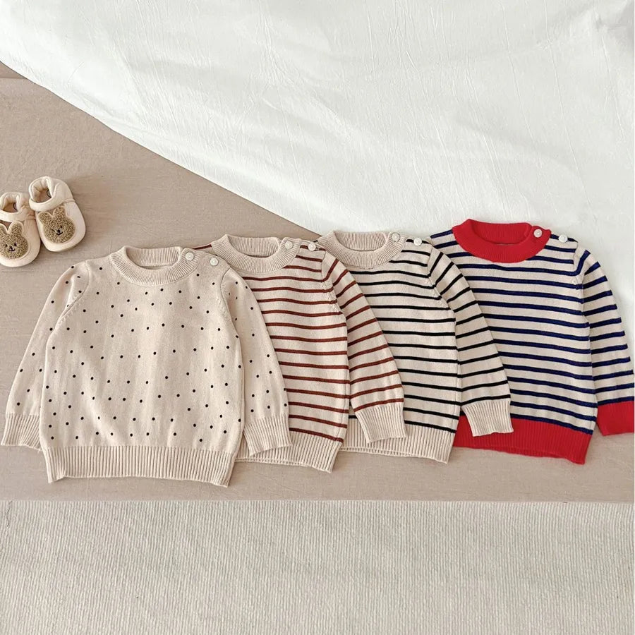 New style baby sweater men's and women's round neck Western style striped polka dot bottoming shirt newborn cotton top