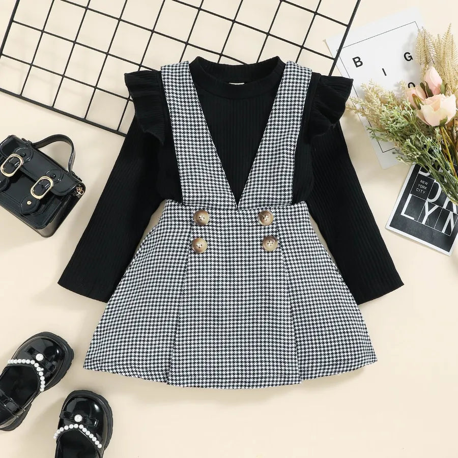 Casual Houndstooth Cotton Girls Clothing Sets