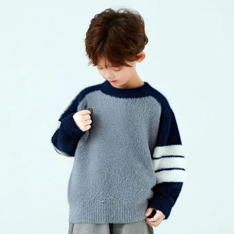 Thickened Knitted Children's Sweater Autumn Winter Male Base Layer Color Block Hoodie Baby Clothes Soft Nylong Round Neck Long Sleeve