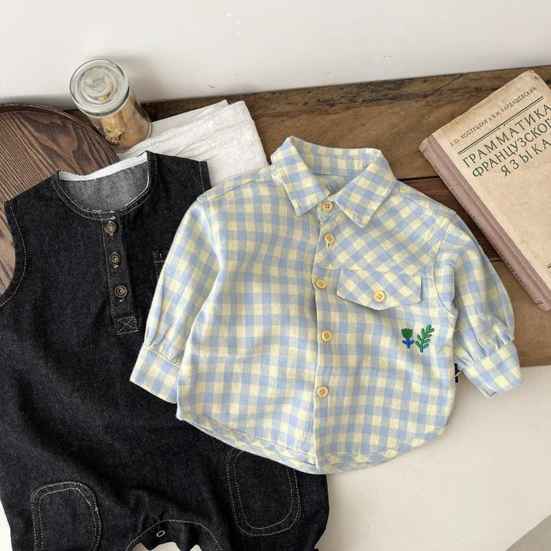 New Style Plaid Long Sleeve Baby Shirt Spring Autumn Outfit Boys Spring Clothing Soft Cotton Checkered Top For Infants