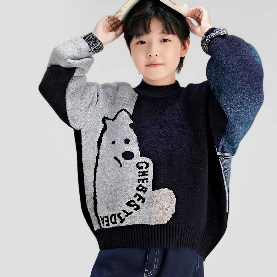 New Soft Knitted Children's Sweater Autumn Winter Base Layer Top Boys Girls Pullover Long Sleeve Cartoon Print Round Neck
