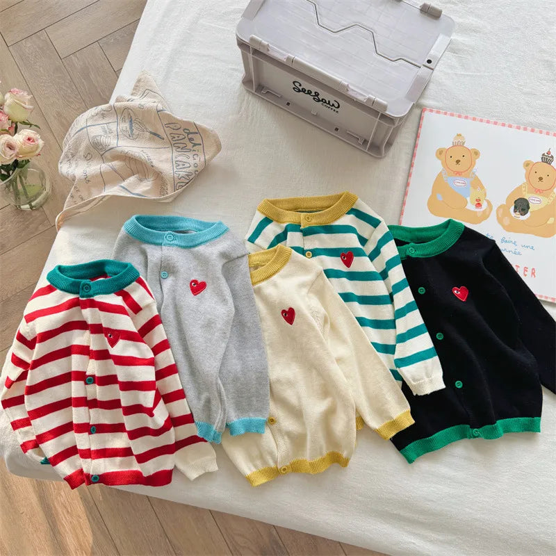 Children's Knitted Long Sleeve Cardigan Striped Heart Embroidery Cotton Outerwear Versatile Kids' Sweater Soft Cotton Round Neck