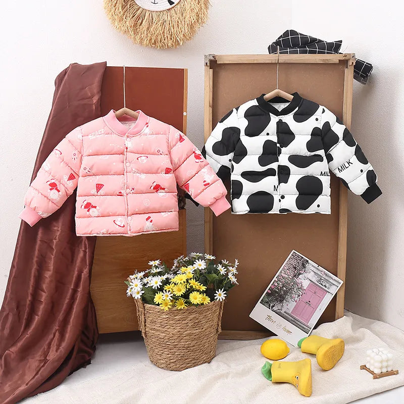 Children's Down Cotton Inner Short Jacket Autumn Winter Soft Fabric Round Neck Single Button Closure Unisex Kids Clothing
