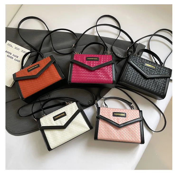 Color Block Woven Women's Handbag Single Shoulder Crossbody Bag Simple Commuting PU Square Bag Sewing Line Fashion Element